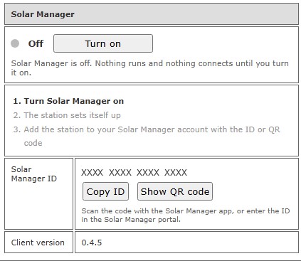 Block Solar Manager mit Status Aus und dem Knopf Einschalten