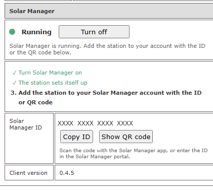 Block Solar Manager mit Status Läuft, der Solar-Manager-ID und den Knöpfen ID kopieren und QR-Code zeigen
