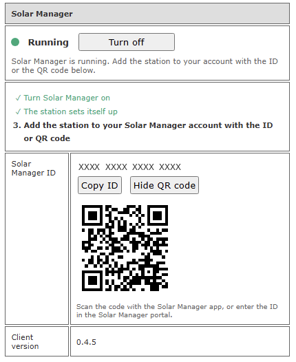 Block Solar Manager mit Status Läuft und angezeigtem QR-Code